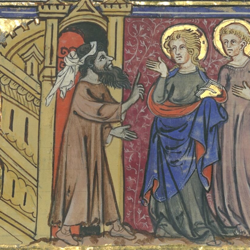 Saint Gencien et Saint Victoric discutent avec un musulman